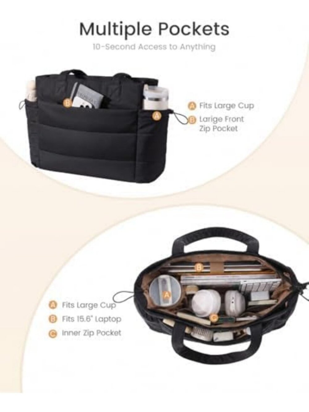Stylish Tote Bag for Women with Tumbler Holder, Puffer Laptop Handbag for Work - Picture 3 of 6
